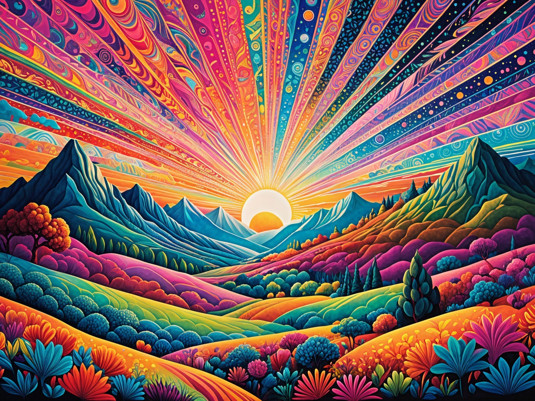 Psychedelic Landscape with Colorful Sunrise and Mountains