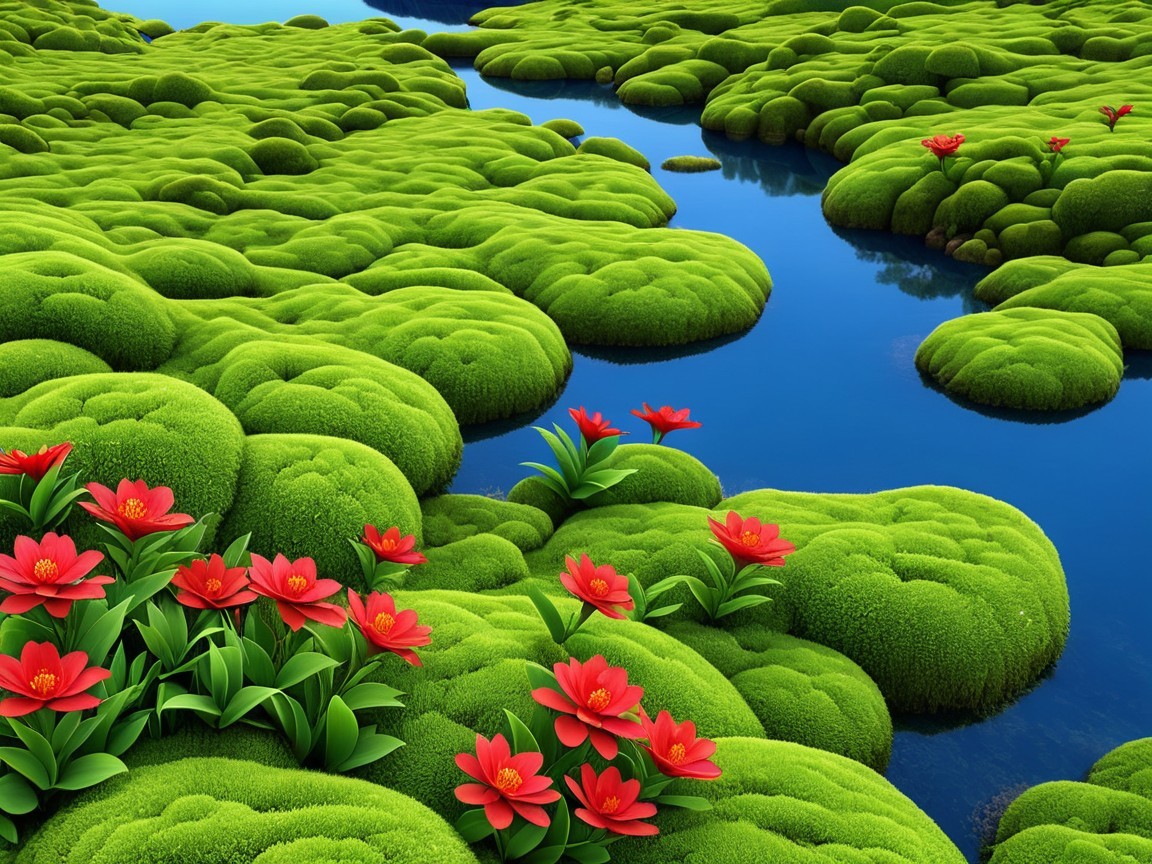 Lush Moss-Covered Islands in Tranquil Blue Water