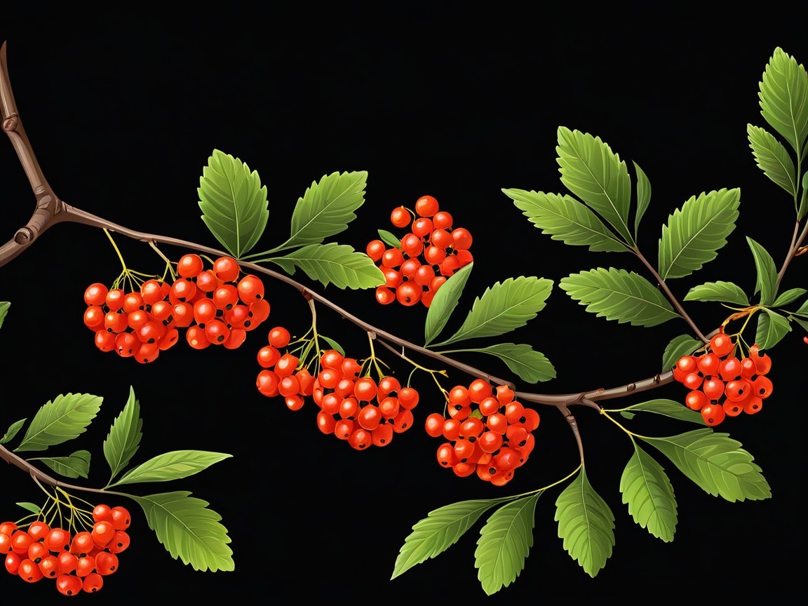Vibrant Red Berries on Green Leaves Against Black Background