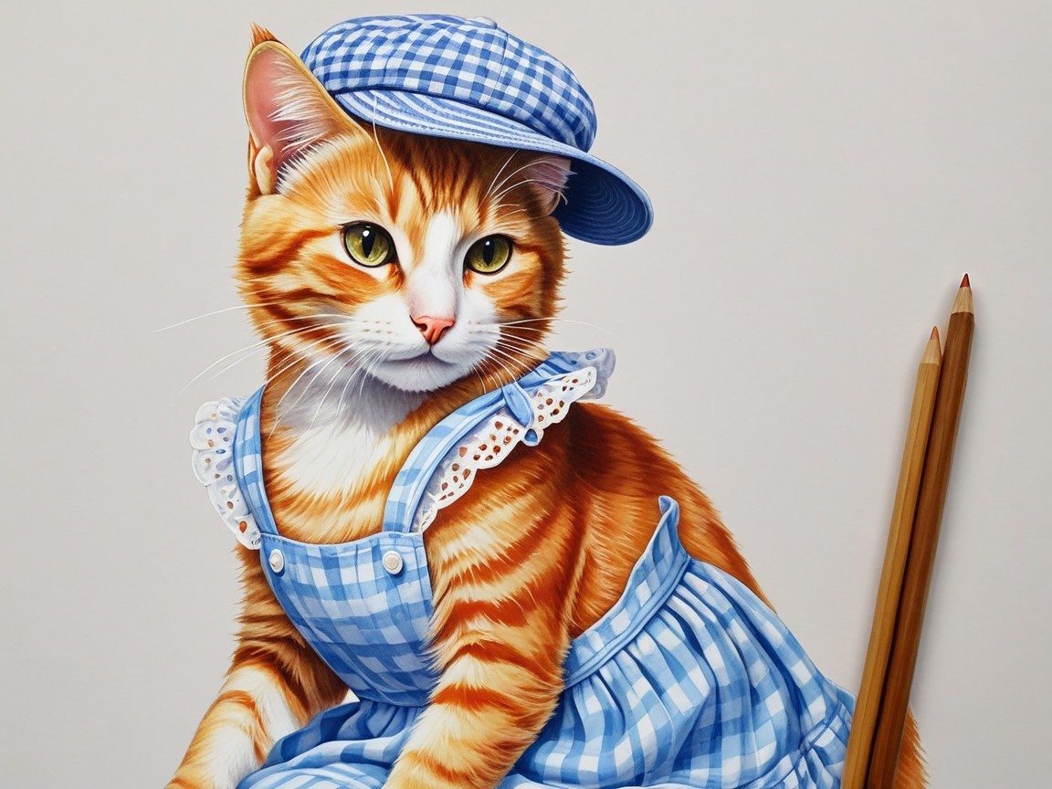 Charming Orange Tabby Cat in Gingham Dress and Cap