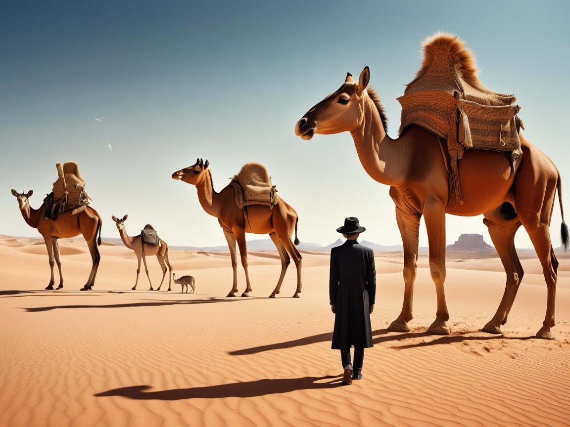 Solitary Figure in Desert with Camels and Dunes