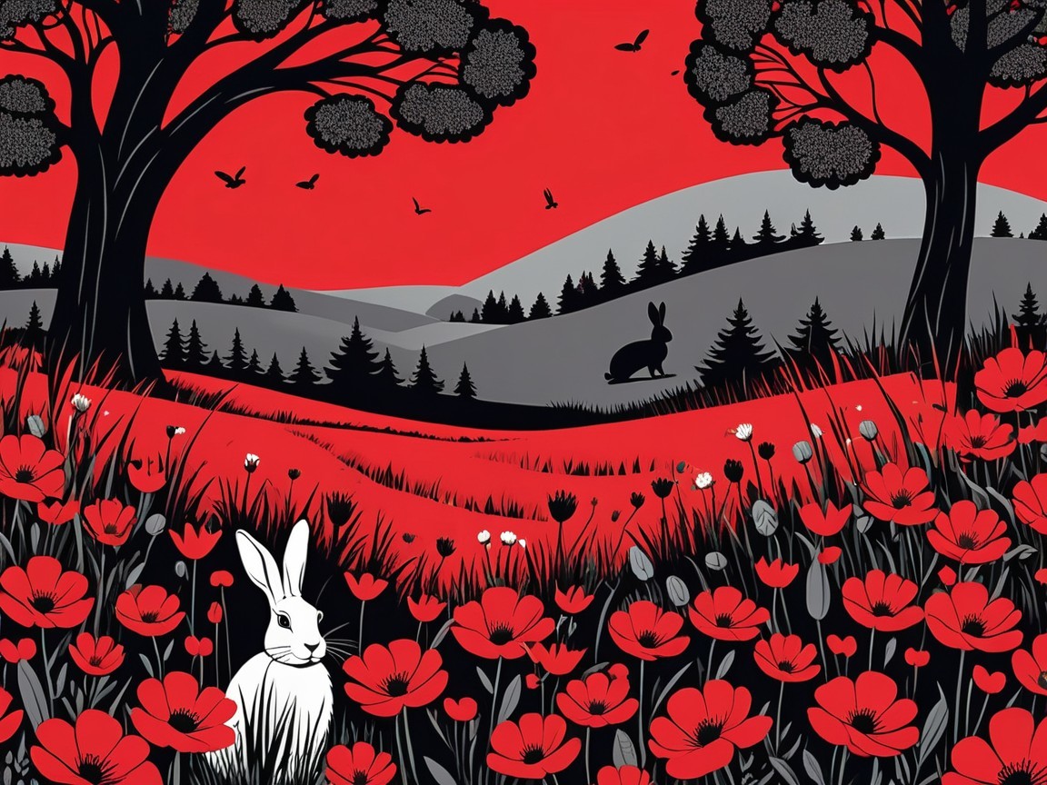 White Rabbit in Vibrant Poppy Field Landscape