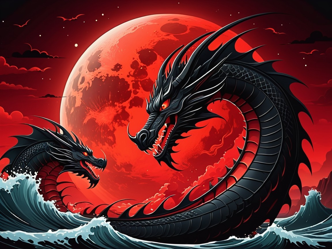 Fierce Dragon Emerges from Waves Under Blood-Red Moon