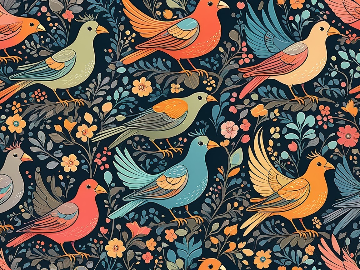 Colorful Bird and Floral Pattern on Dark Background
