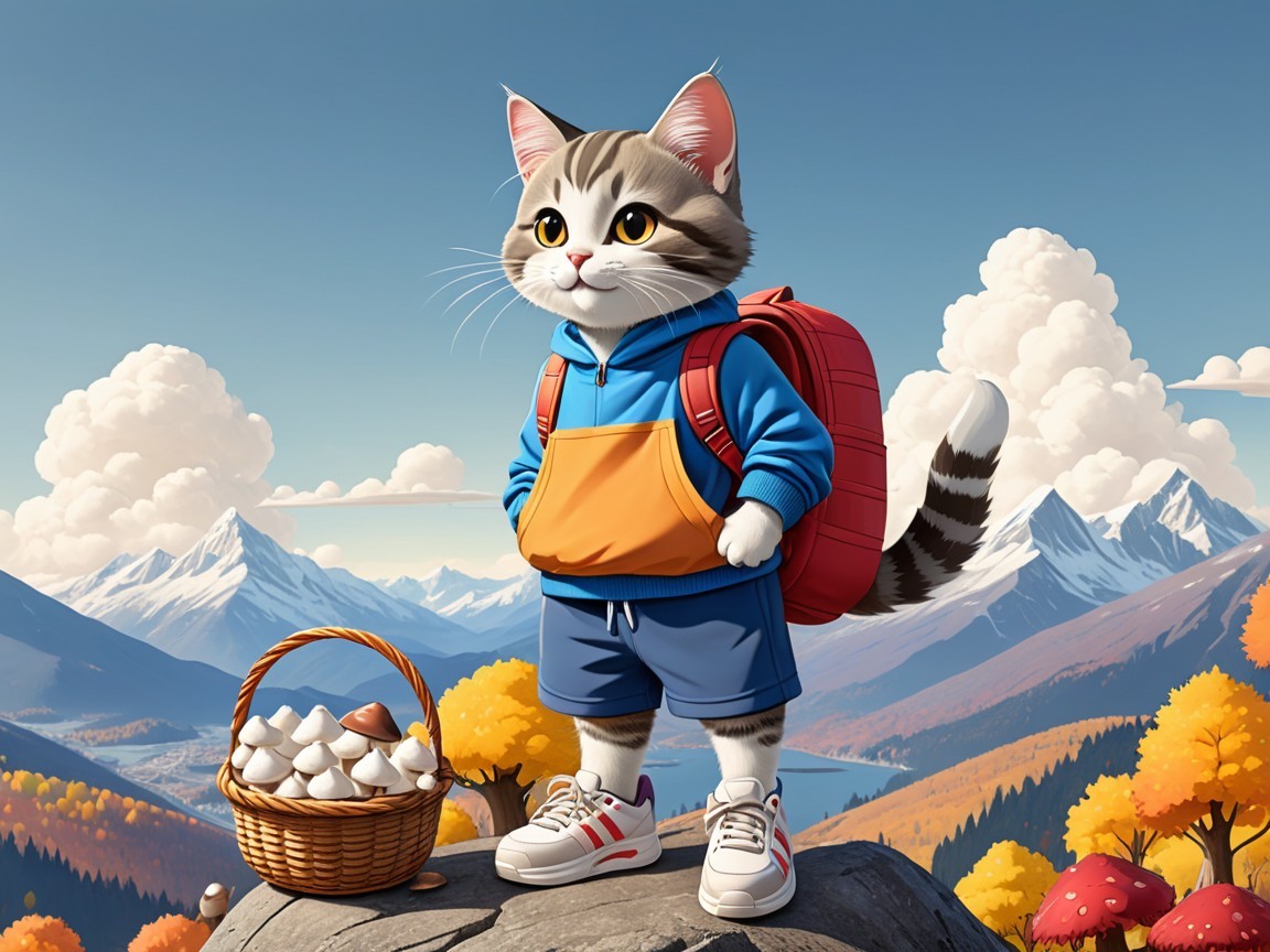 Cartoon Cat in Hoodie Against Mountainous Autumn Scene
