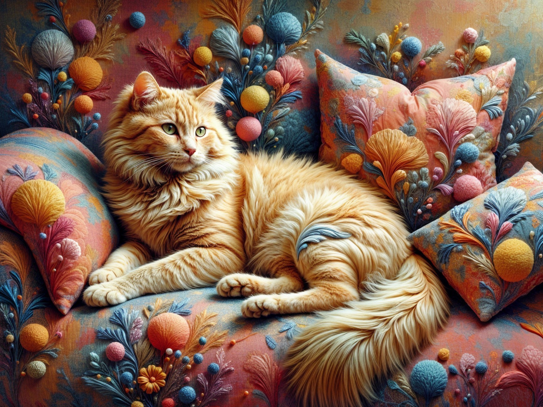 Fluffy Ginger Cat on Vibrant Couch with Textured Pillows