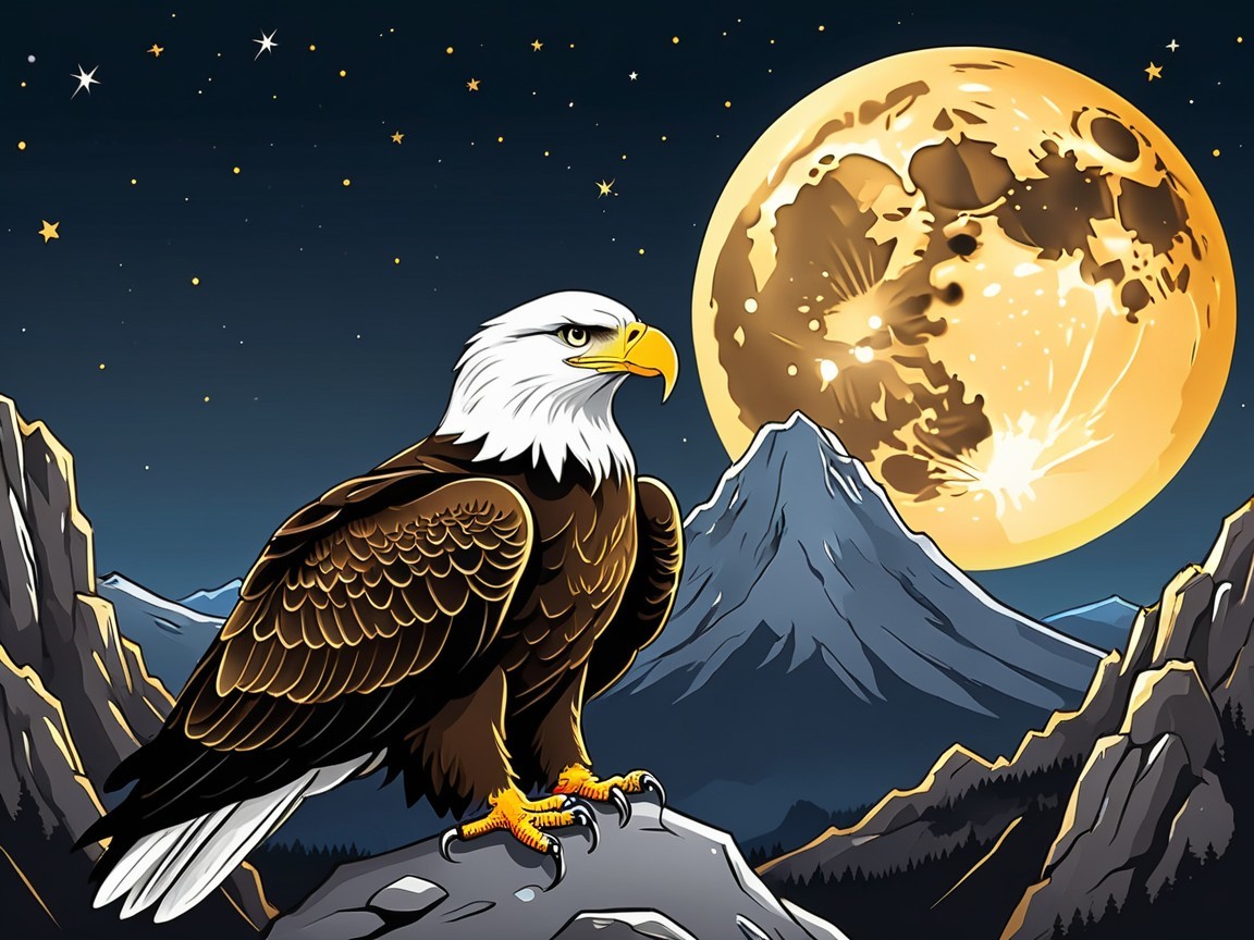 Eagle on Rocky Outcrop Under Moonlit Night Sky