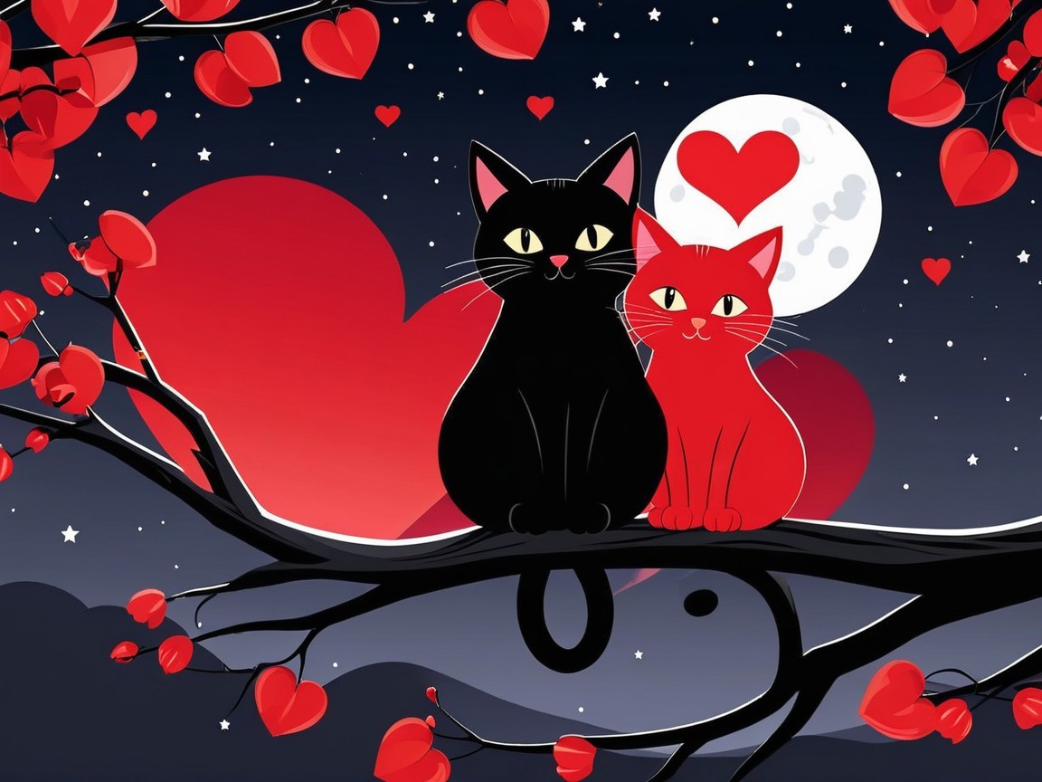 Cartoon Cats on Tree Branch with Hearts and Moon