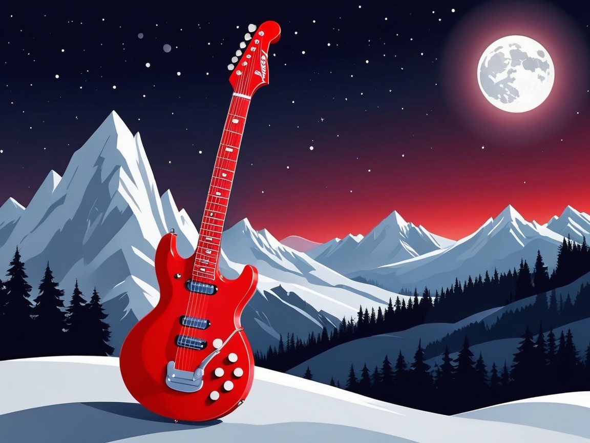 Red Electric Guitar in Snowy Mountain Landscape