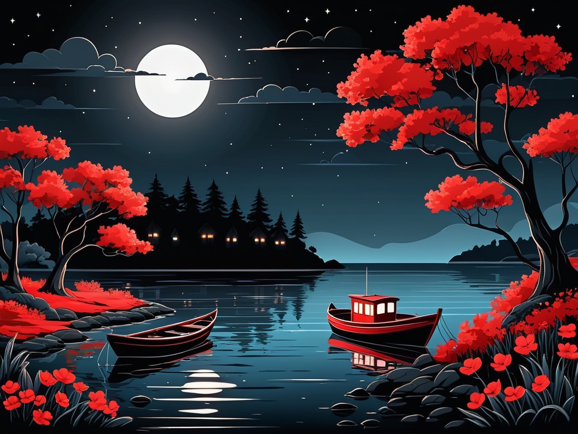 Nighttime Landscape with Moonlit Lake and Boats