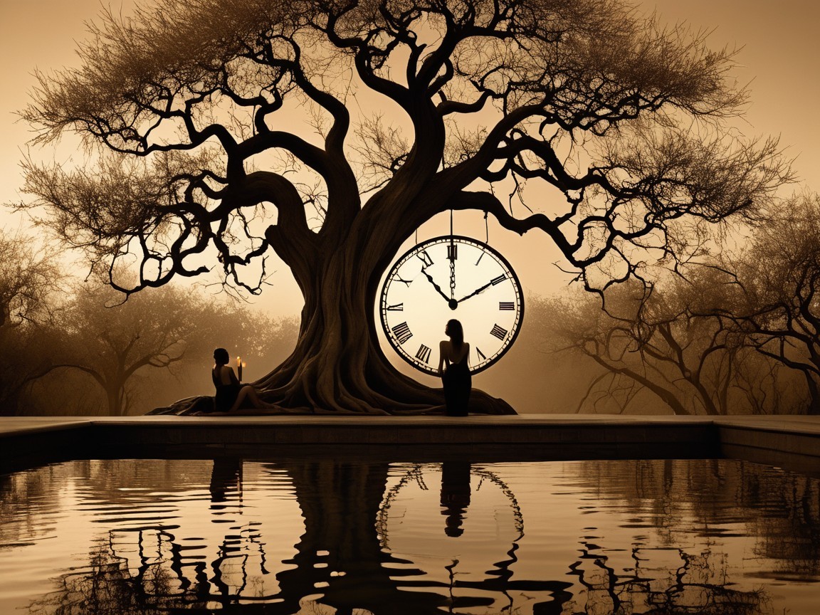 Majestic tree with clock face and tranquil reflection