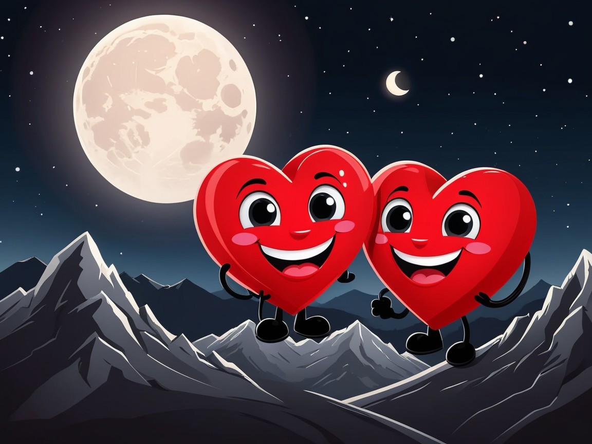 Cheerful Cartoon Hearts on Mountain Under Starry Sky
