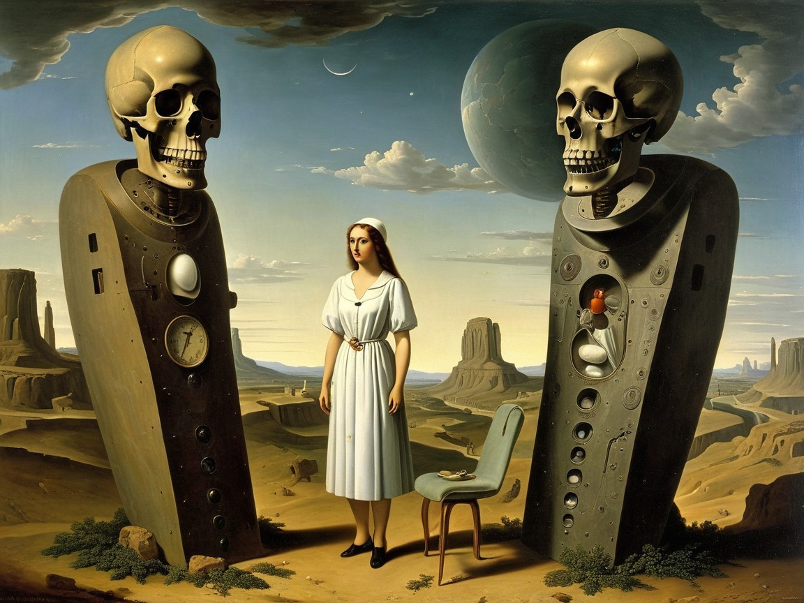 Surreal Landscape with Woman and Robotic Figures