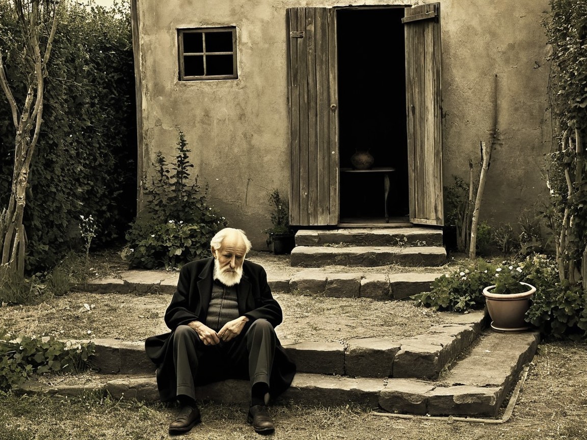 Elderly Man Contemplating by Rustic Home Steps