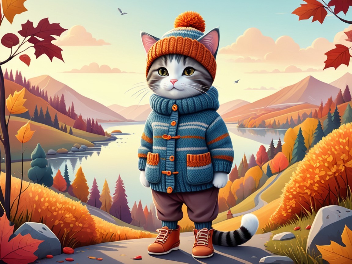 Whimsical Cat in Autumn Landscape with Sweater and Beanie