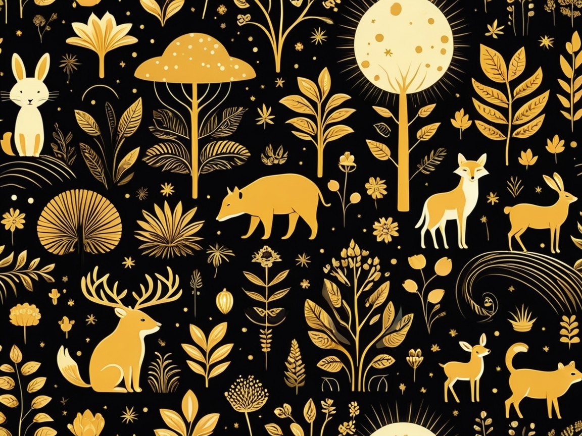 Whimsical Nature Design with Golden Animal Silhouettes