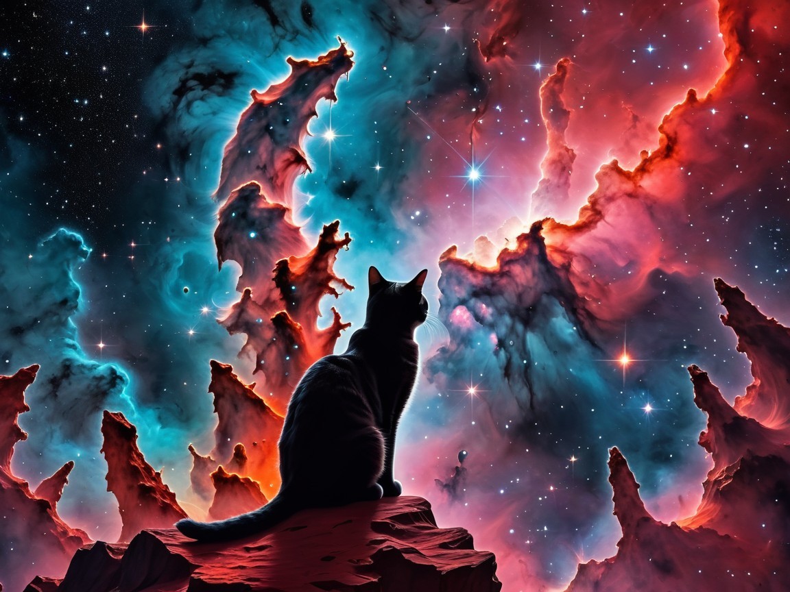 Cat Silhouette on Rocky Outcrop with Cosmic Background