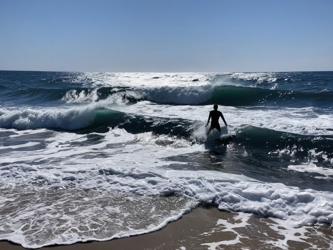 Lone Figure in Shallow Waters with Crashing Waves