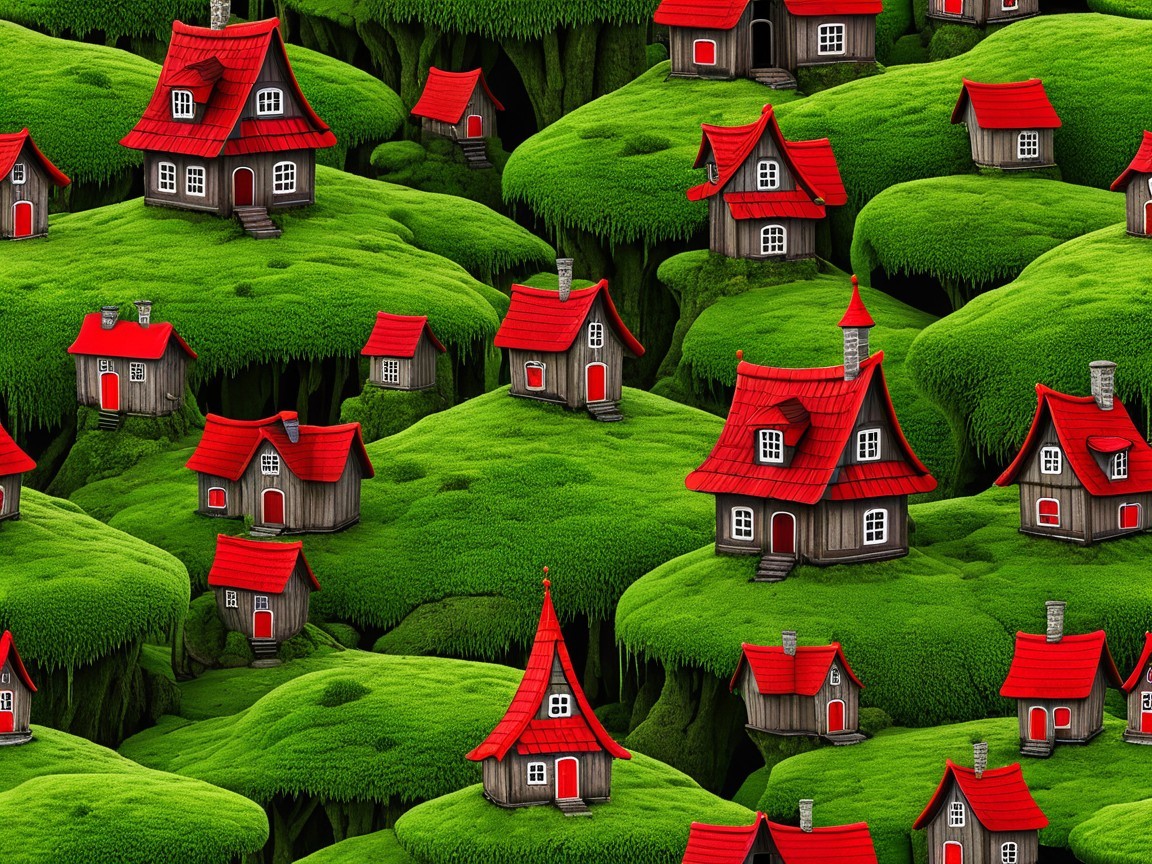 Whimsical Landscape with Charming Houses on Green Hills