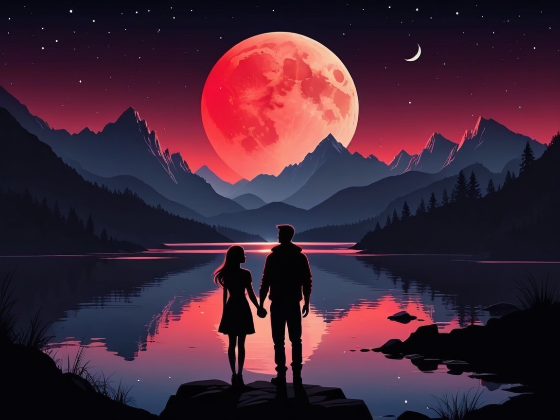 Romantic Lake Scene with Dramatic Sky and Mountains