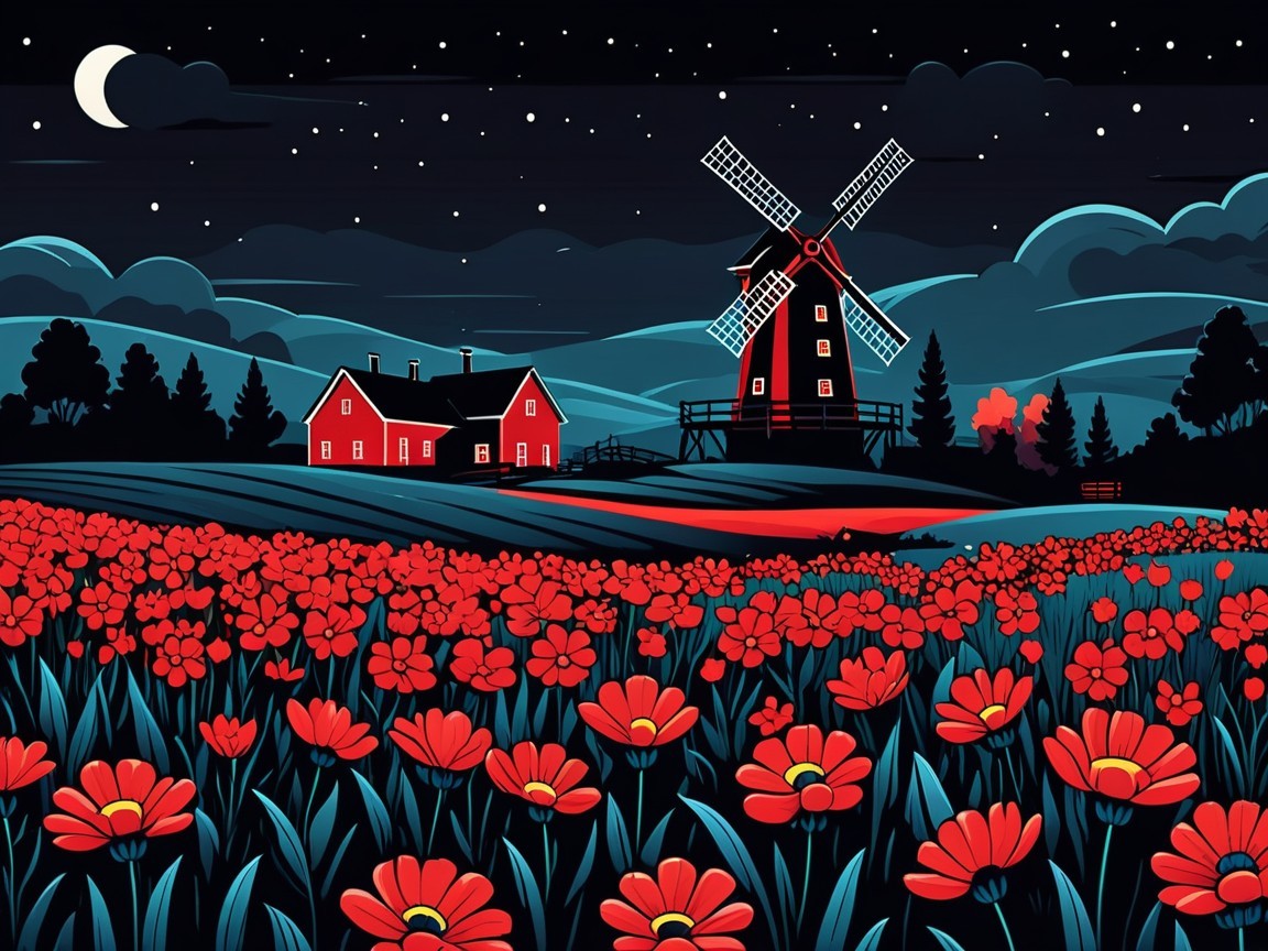 Serene Countryside Scene with Flowers and Windmill