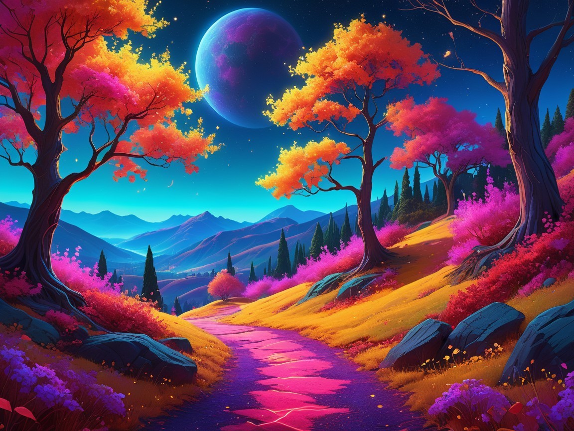 Vibrant Landscape with Colorful Foliage and Mountains