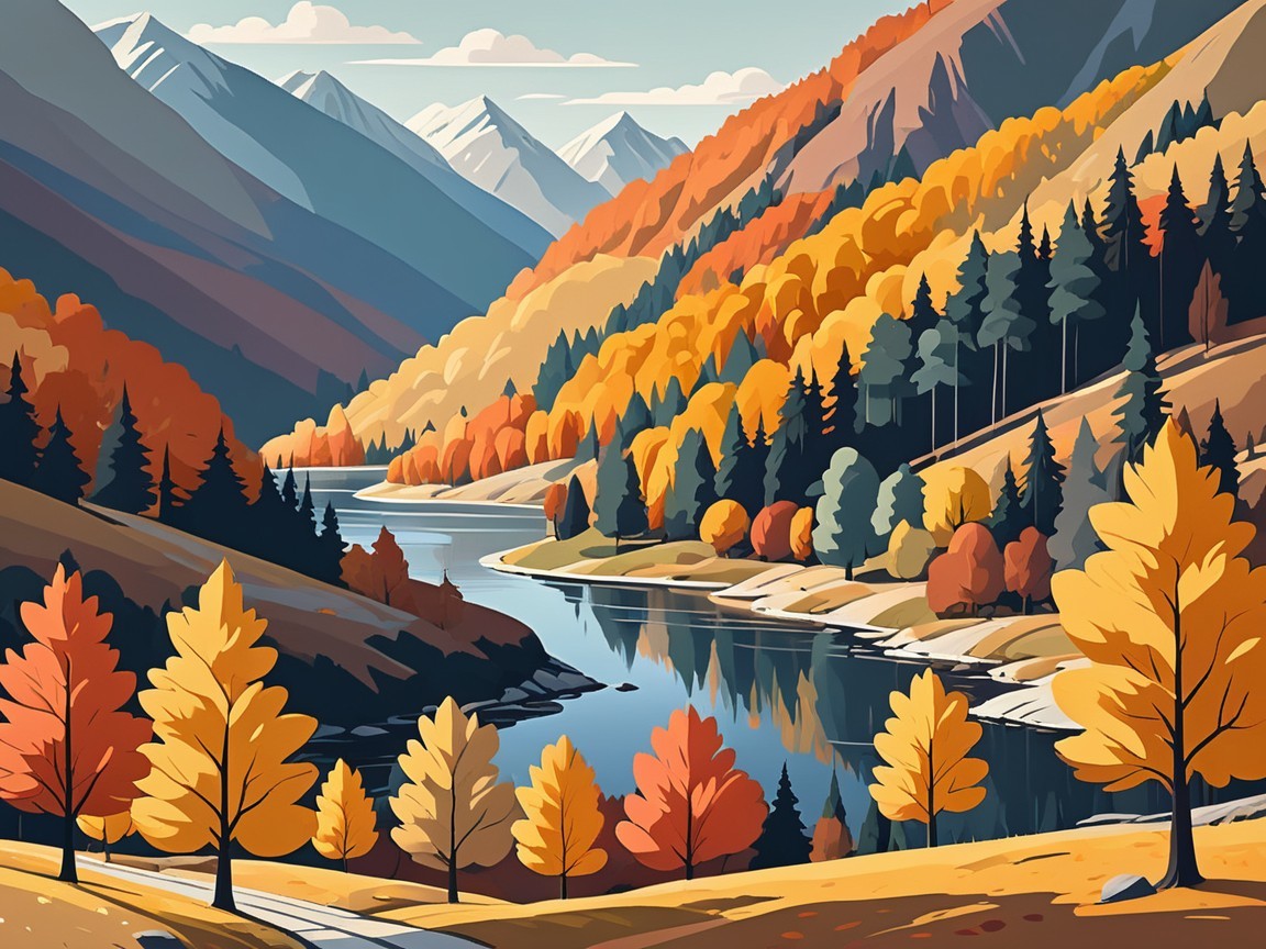 Serene Autumn Landscape with River and Mountains