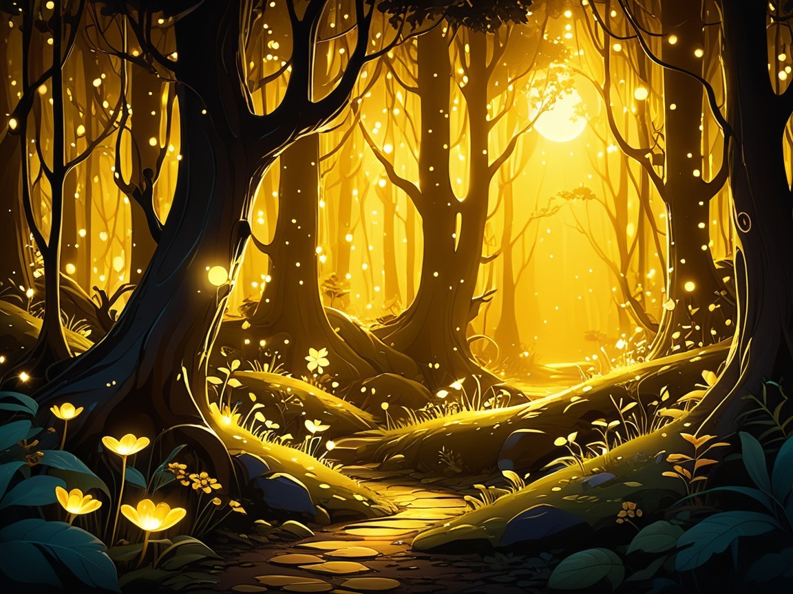 Magical forest with golden light and vibrant flowers