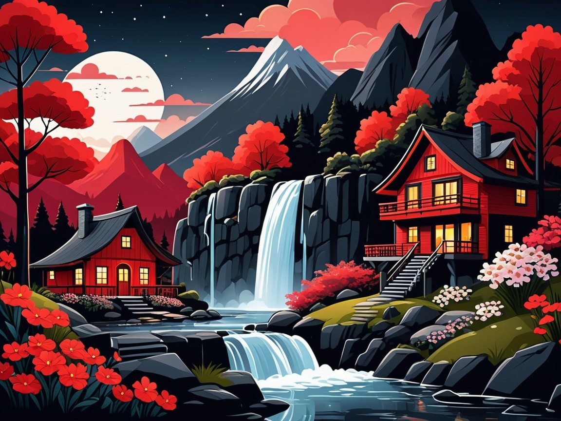 Serene Landscape with Red Houses and Waterfall