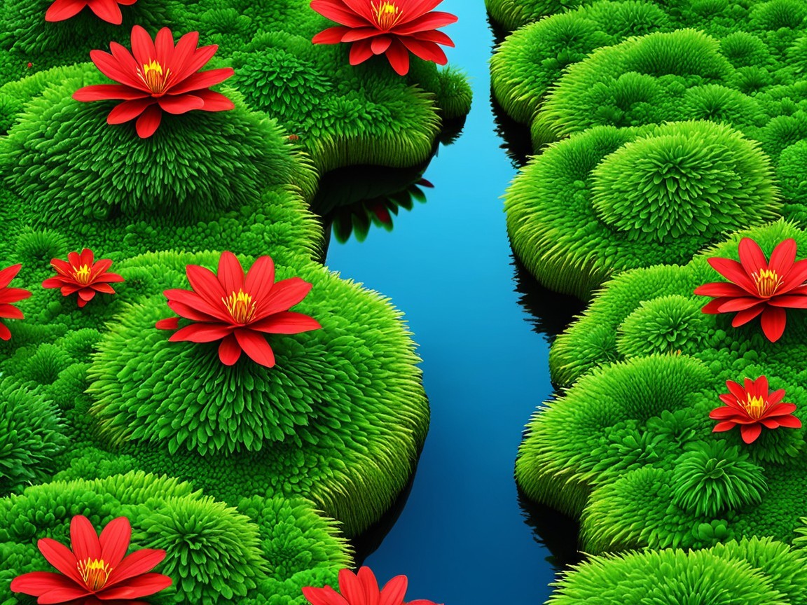 Serene Landscape with Green Moss and Red Flowers
