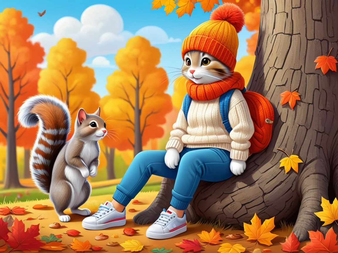 Cozy Cat in Sweater Amidst Autumn Landscape