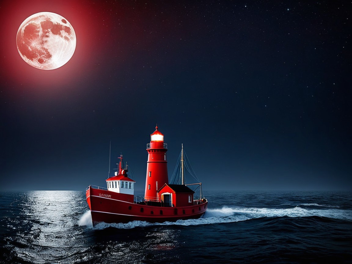Red Lighthouse Boat on Dark Ocean Under Full Moon