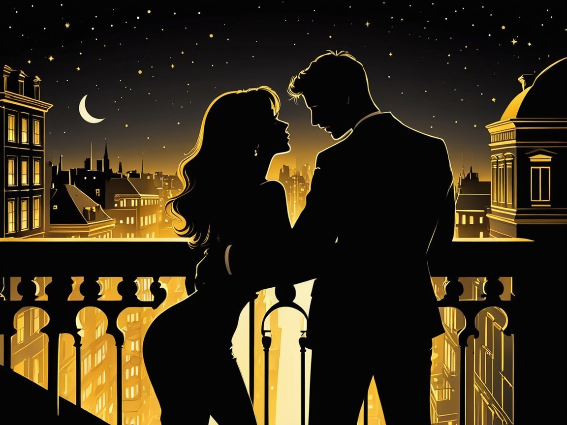 Silhouette of Couple on Balcony Under Starry Sky