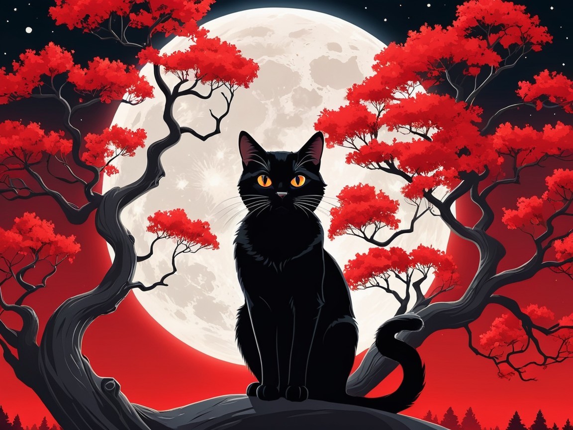 Black Cat on Branch with Full Moon and Red Trees