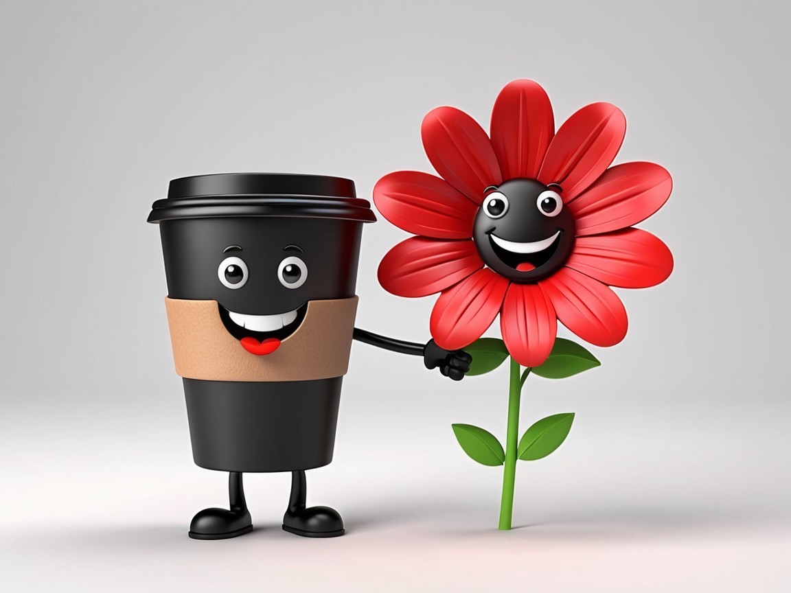 Cheerful Cartoon Coffee Cup and Flower Characters