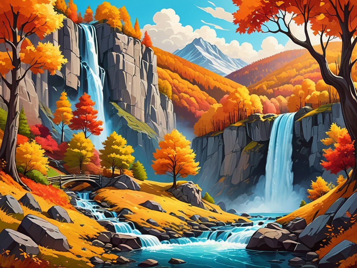 Vibrant Autumn Landscape with Waterfalls and Trees