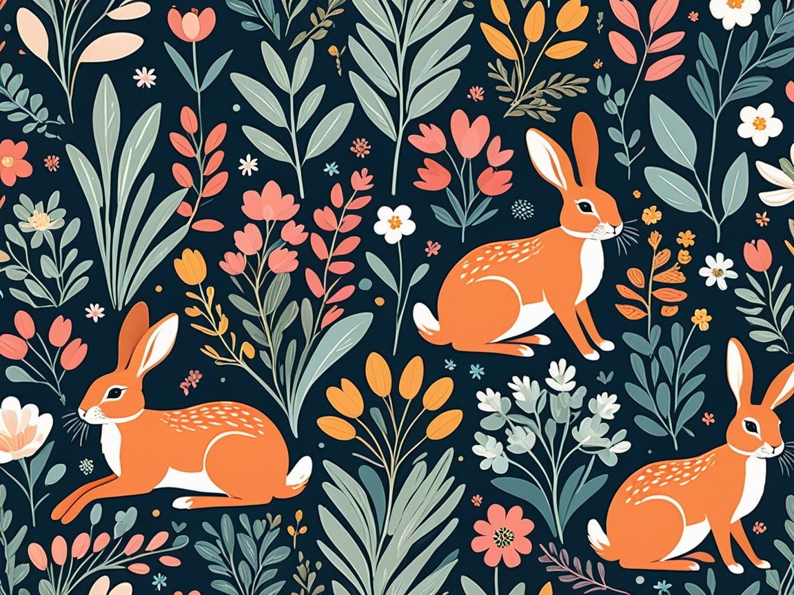 Whimsical Pattern of Orange Rabbits and Colorful Flowers