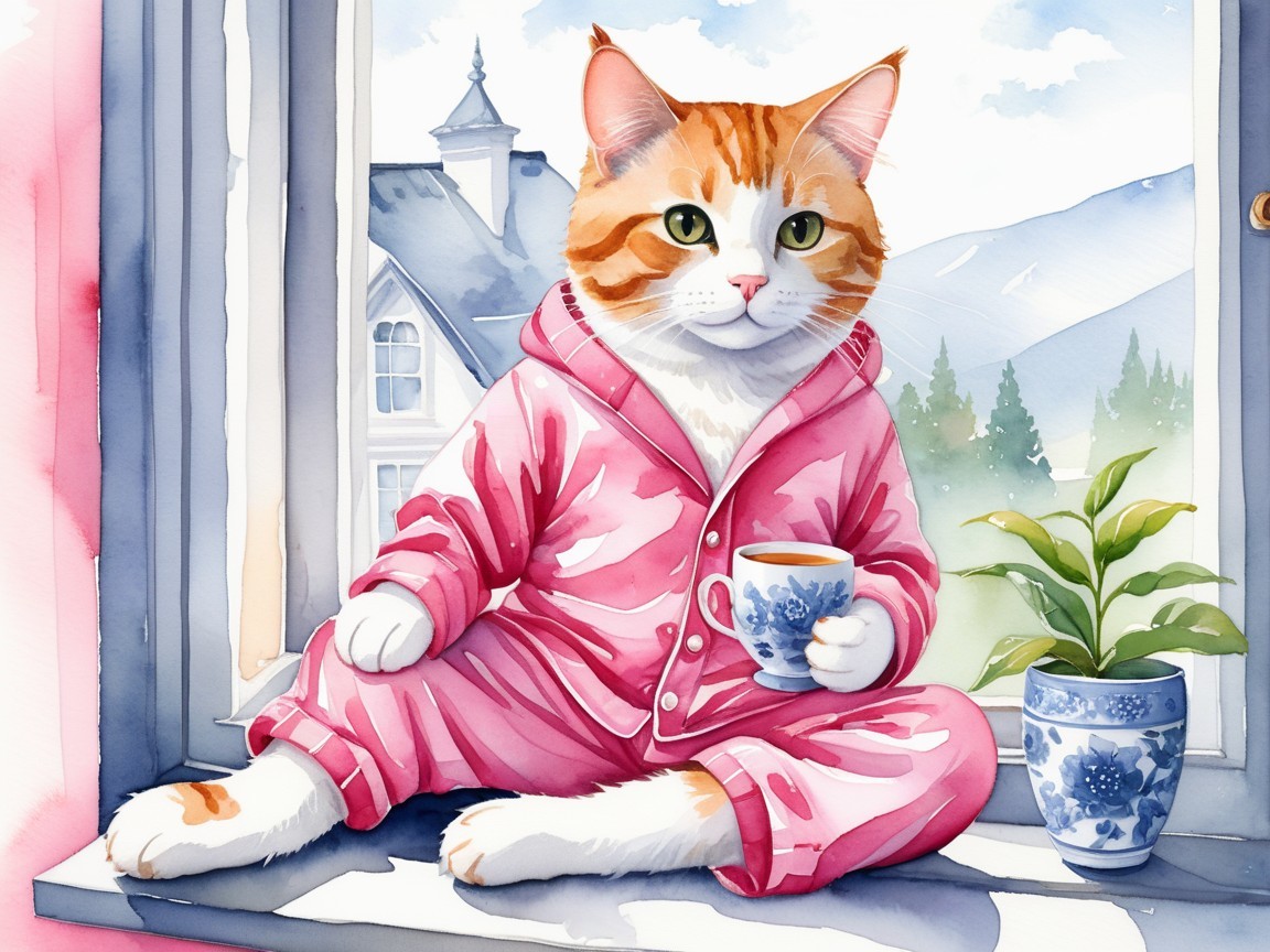 Fluffy Cat in Pajamas on a Windowsill with Tea