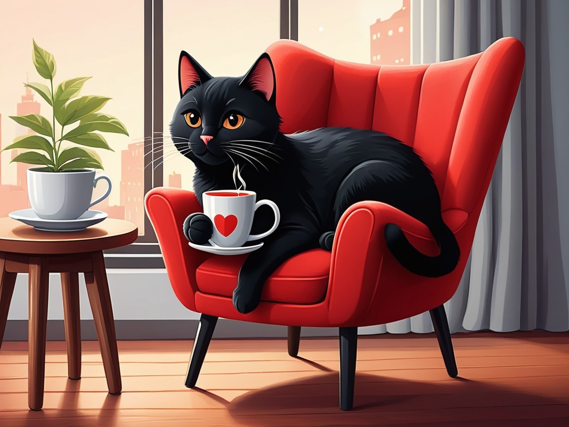 Black Cat in Red Armchair with Coffee and Sunlight