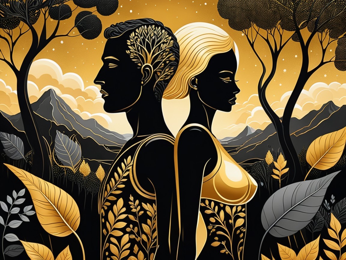 Silhouette of Couple with Leaf Patterns in Nature Scene