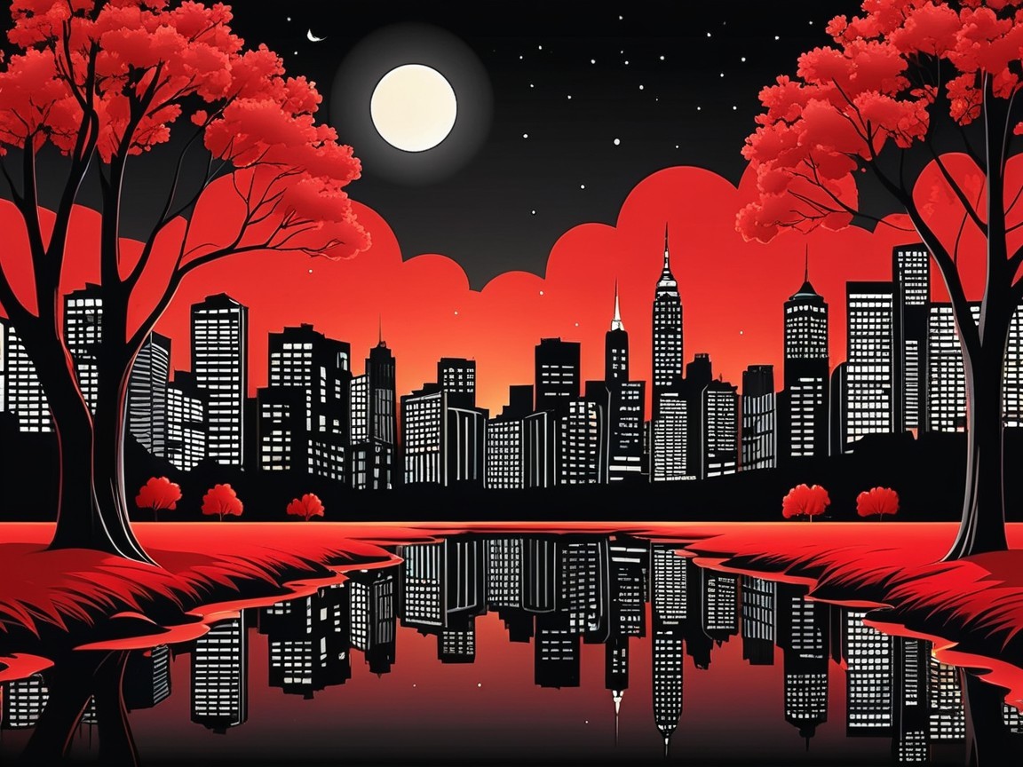 Vibrant Night Cityscape with Silhouetted Skyscrapers