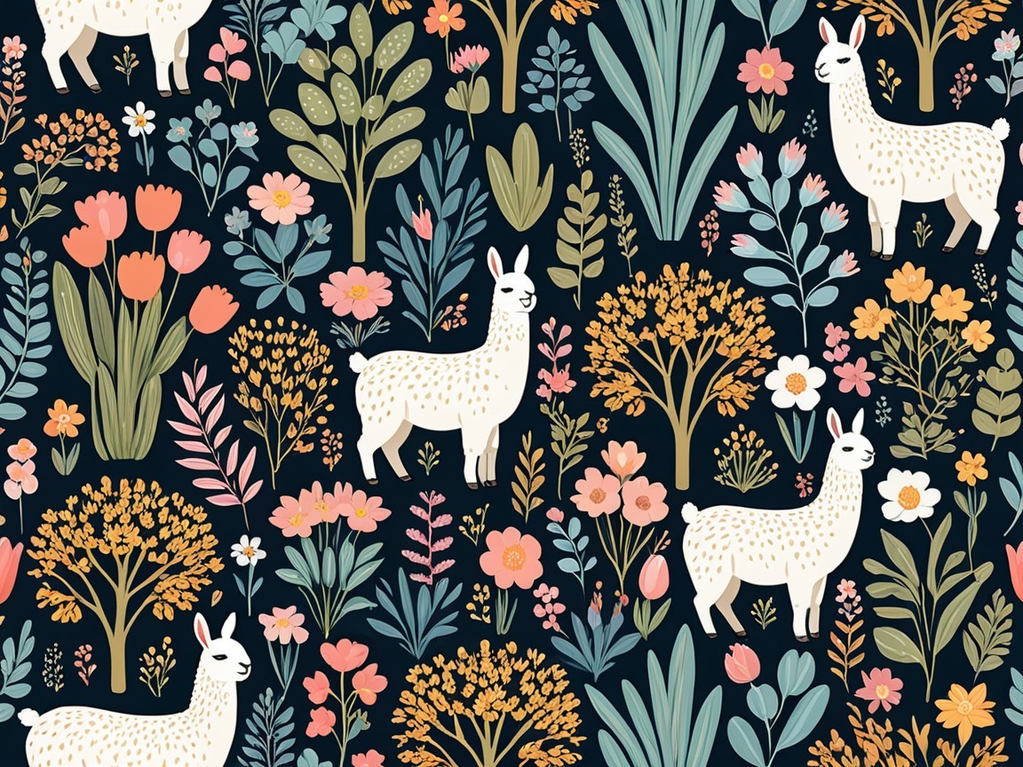 Whimsical Llama Floral Pattern on Dark Background