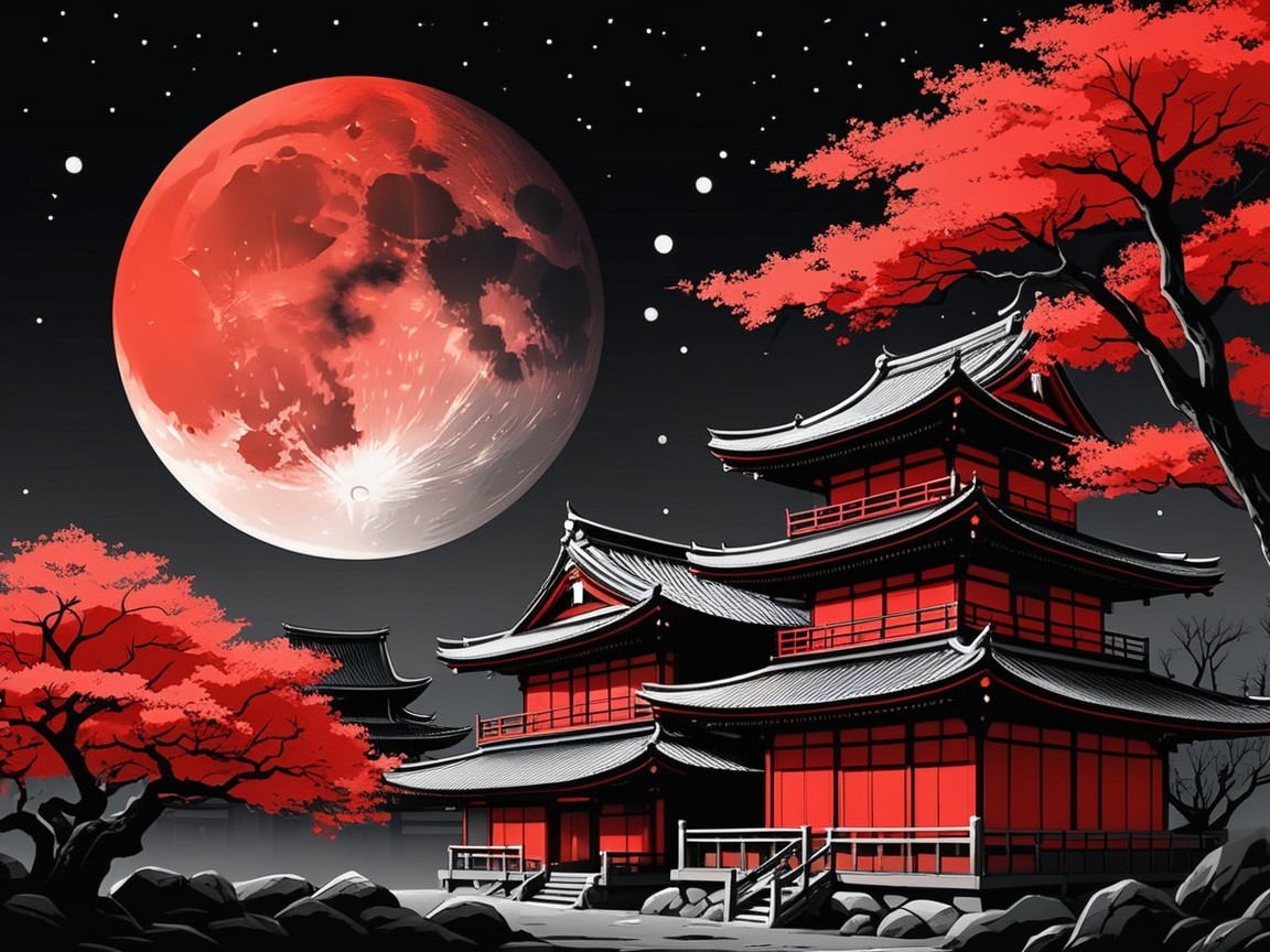 Traditional Asian Pagoda Under Red Moon and Maple Trees