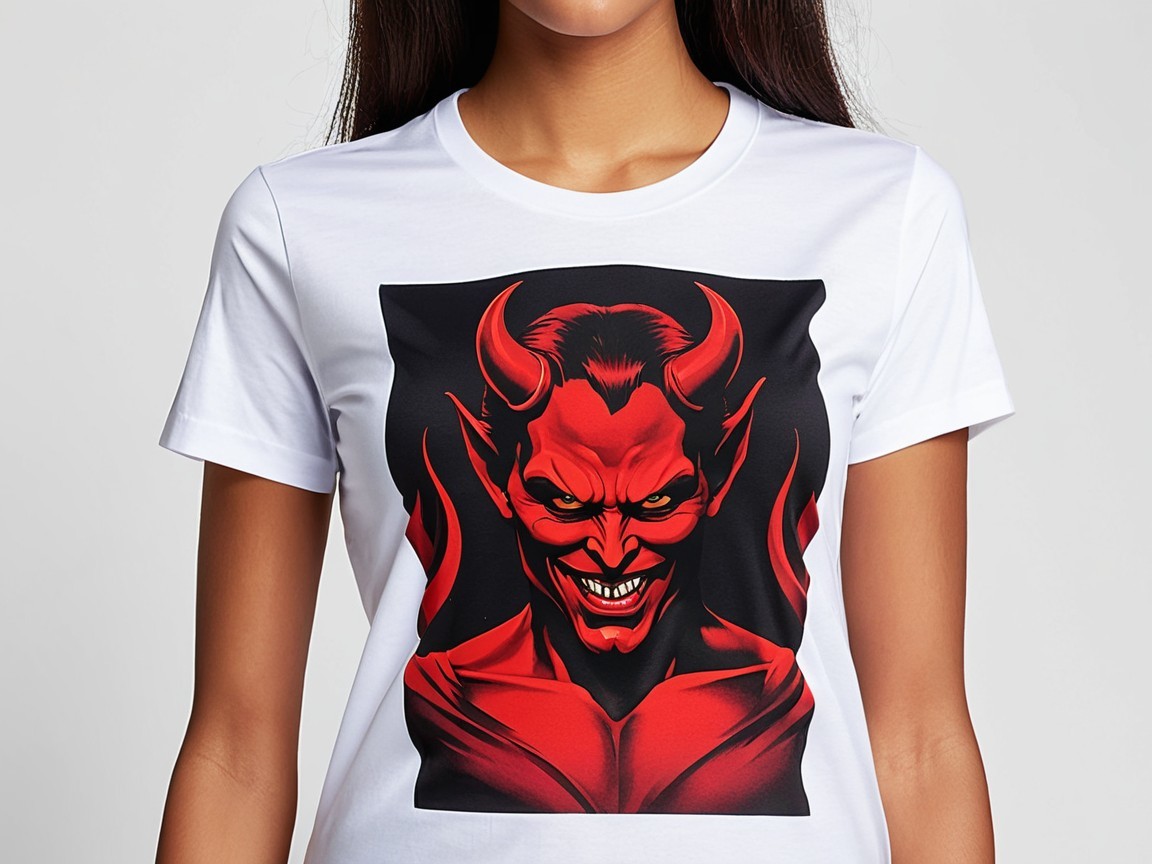 White T-Shirt with Graphic of Devilish Character