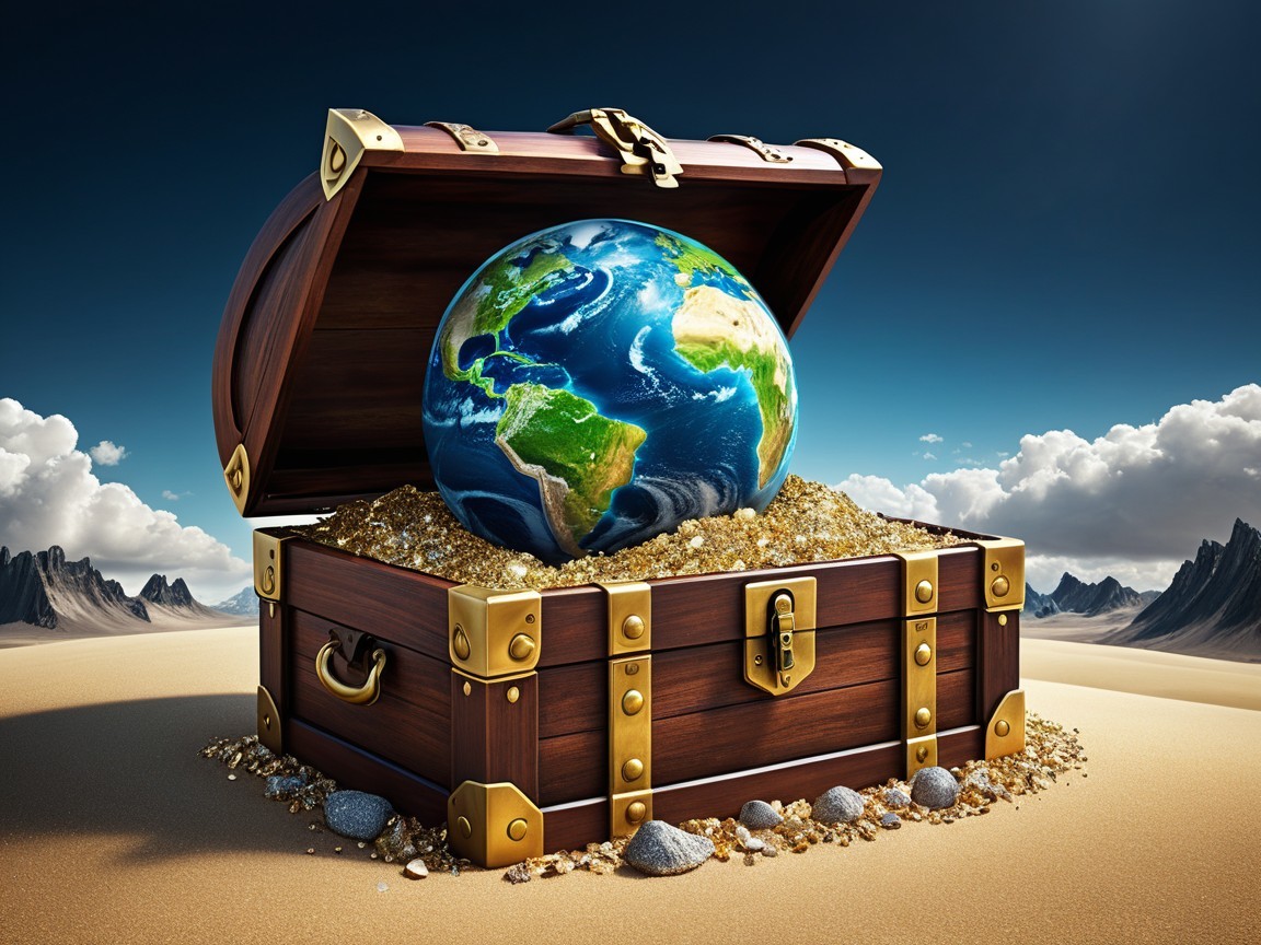Wooden Treasure Chest with Globe in Desert Landscape