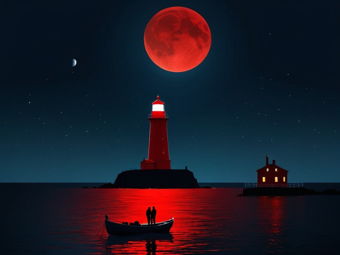 Red Full Moon Over Ocean with Lighthouse and Couple