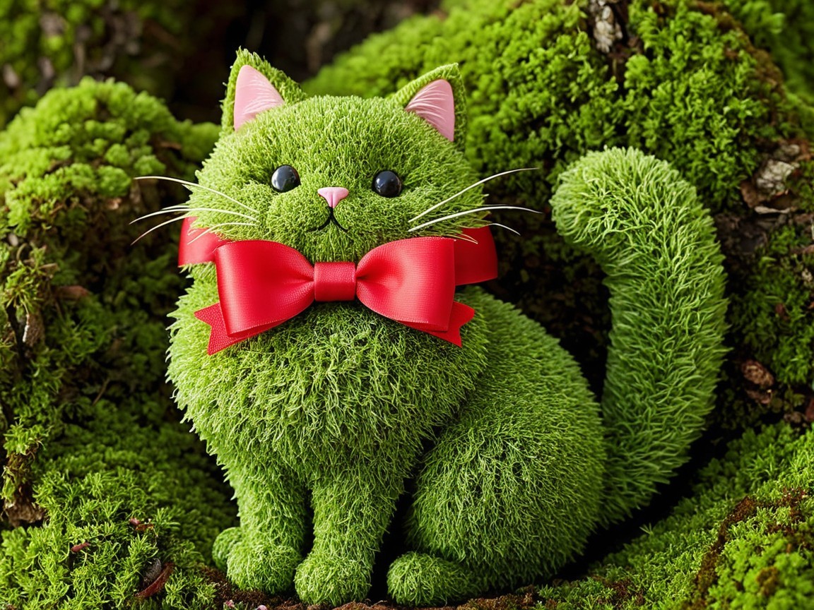Whimsical Cat Figure Covered in Green Moss