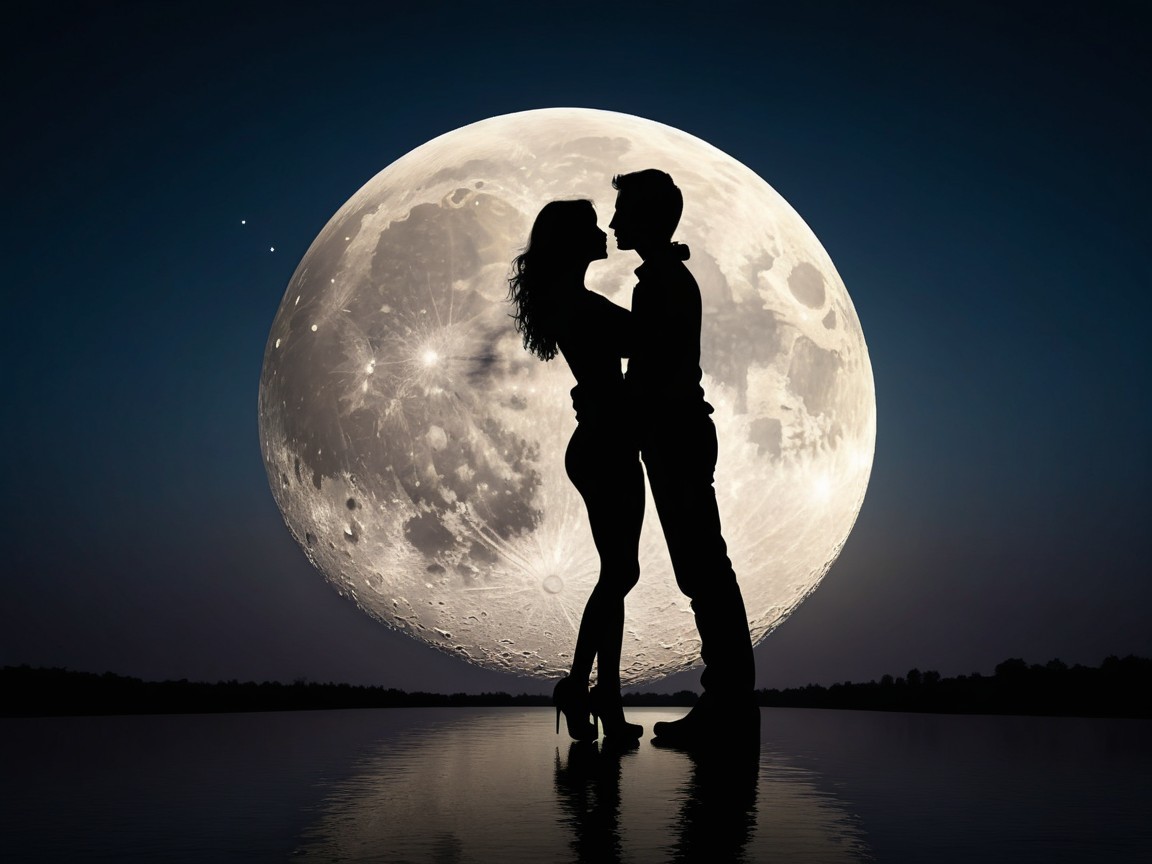 Couple Embracing Under a Luminous Full Moon