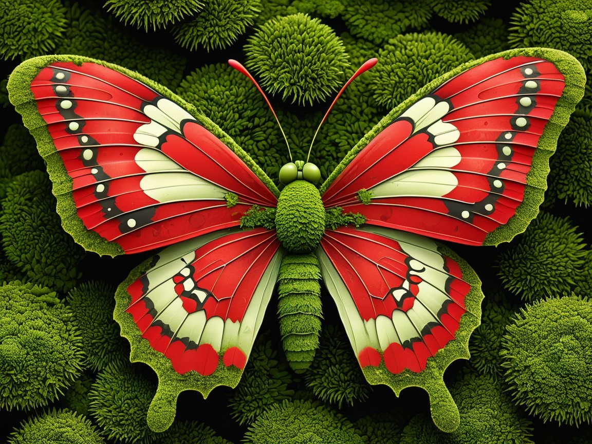 Vibrant Butterfly with Red and Green Wings on Moss