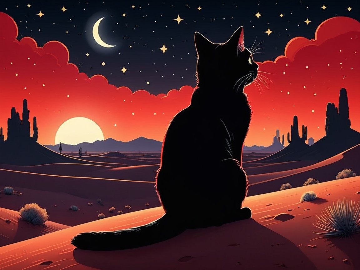 Cat Silhouette Against Vibrant Desert Sunset Scene